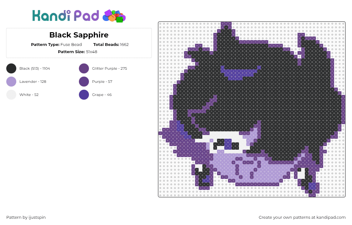Black Sapphire - Fuse Bead Pattern by ijustspin on Kandi Pad - black,purple,crk,black sapphire,cookie run