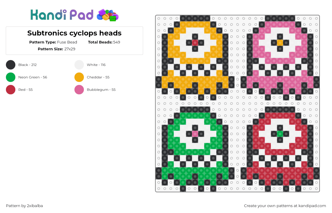 Subtronics cyclops heads - Fuse Bead Pattern by 2xibalba on Kandi Pad - subtronics,cyclops,colorful,dj,music,edm,dubstep,orange,pink,red,green