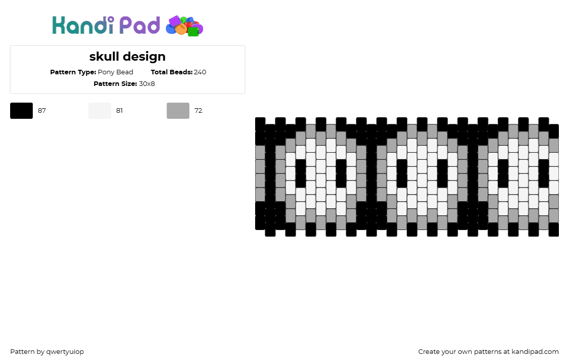 skull design - Pony Bead Pattern by qwertyuiop on Kandi Pad - skulls,spooky,repeating,halloween,dark,cuff,white,gray,black