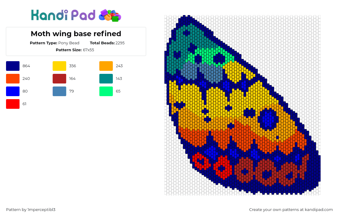 Moth wing base refined - Pony Bead Pattern by 1mperceptibl3 on Kandi Pad - wing,moth,butterfly,colorful,insect,blue,orange,green,yellow