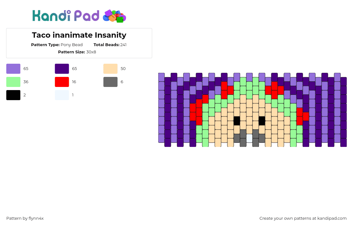 Taco inanimate Insanity - Pony Bead Pattern by flynn4x on Kandi Pad - taco,inanimate insanity,stripes,animation,tv show,purple,tan,green