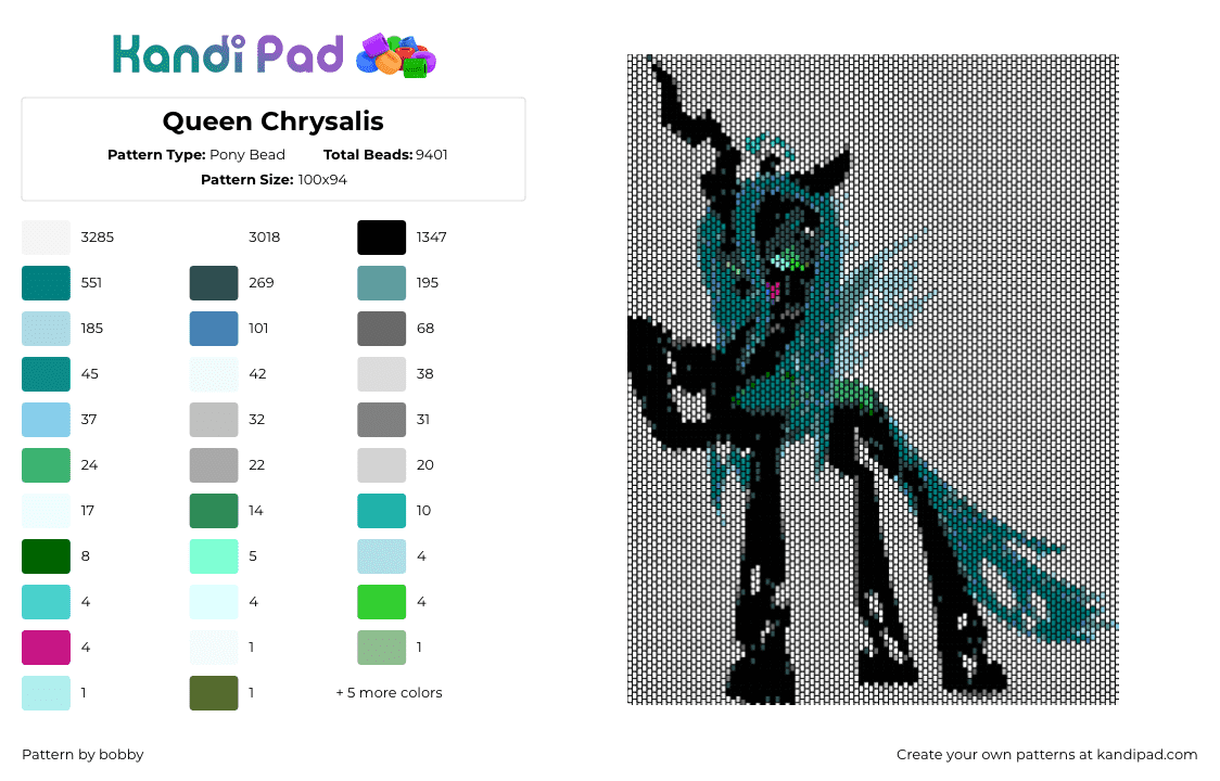 Queen Chrysalis - Pony Bead Pattern by bobby on Kandi Pad - queen chrysalis,mlp,my little pony,character,black,teal