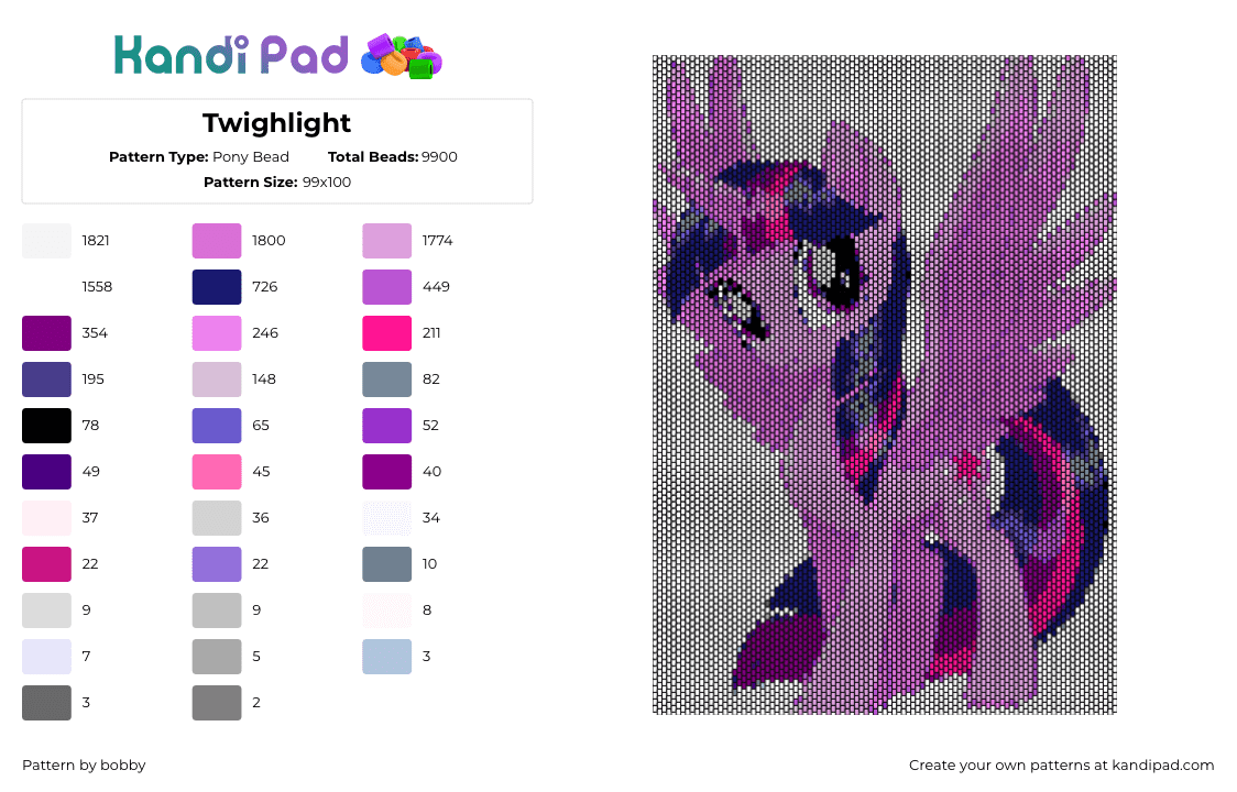 Twighlight - Pony Bead Pattern by bobby on Kandi Pad - twilight,mlp,my little pony,winged,character,pink,purple