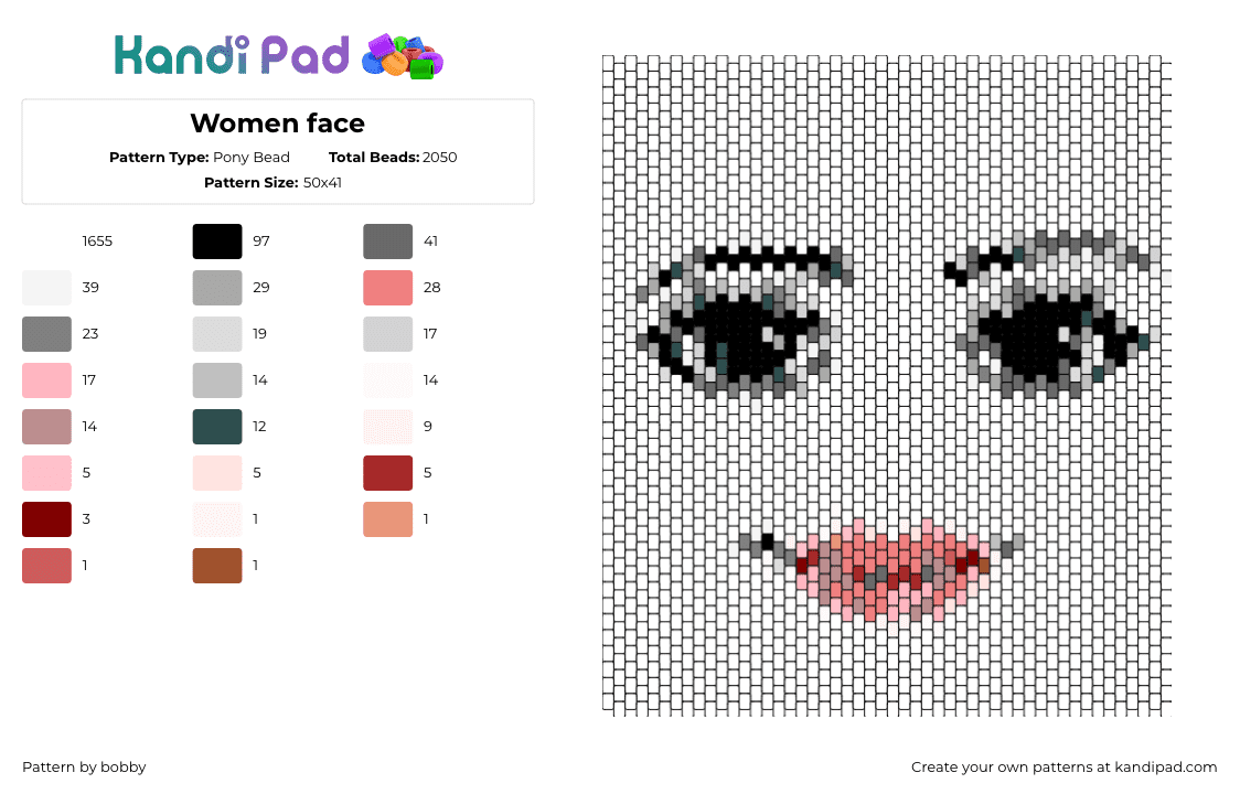 Women face - Pony Bead Pattern by bobby on Kandi Pad - face,lips,eyes,panel,white,black