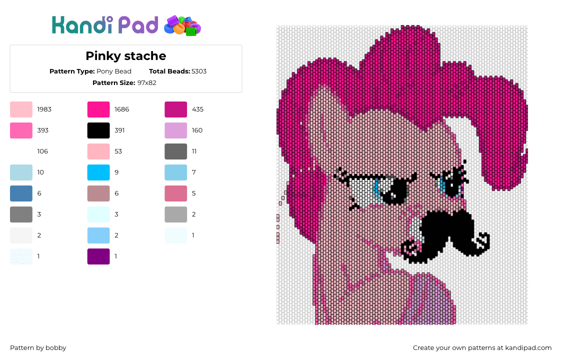 Pinky stache - Pony Bead Pattern by bobby on Kandi Pad - pinkypie,mlp,mustache,my little pony,character,pink,black