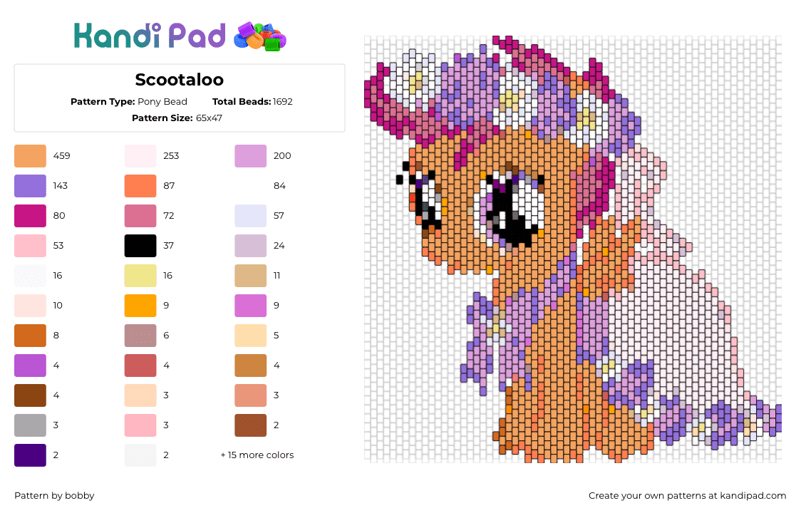 Scootaloo - Pony Bead Pattern by bobby on Kandi Pad - scootaloo,mlp,my little pony,character,cute,flowers,veil,orange,purple,white