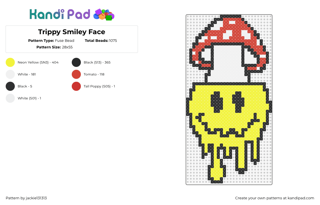 Trippy Smiley Face - Fuse Bead Pattern by jackie131313 on Kandi Pad - smiley,trippy,melting,face,mushroom,yellow,white,red