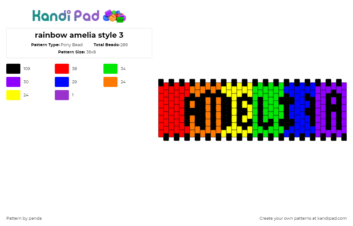 rainbow amelia style 3 - Pony Bead Pattern by panda on Kandi Pad - amelia,name,stripes,rainbow,text,colorful,cuff,black,green,red