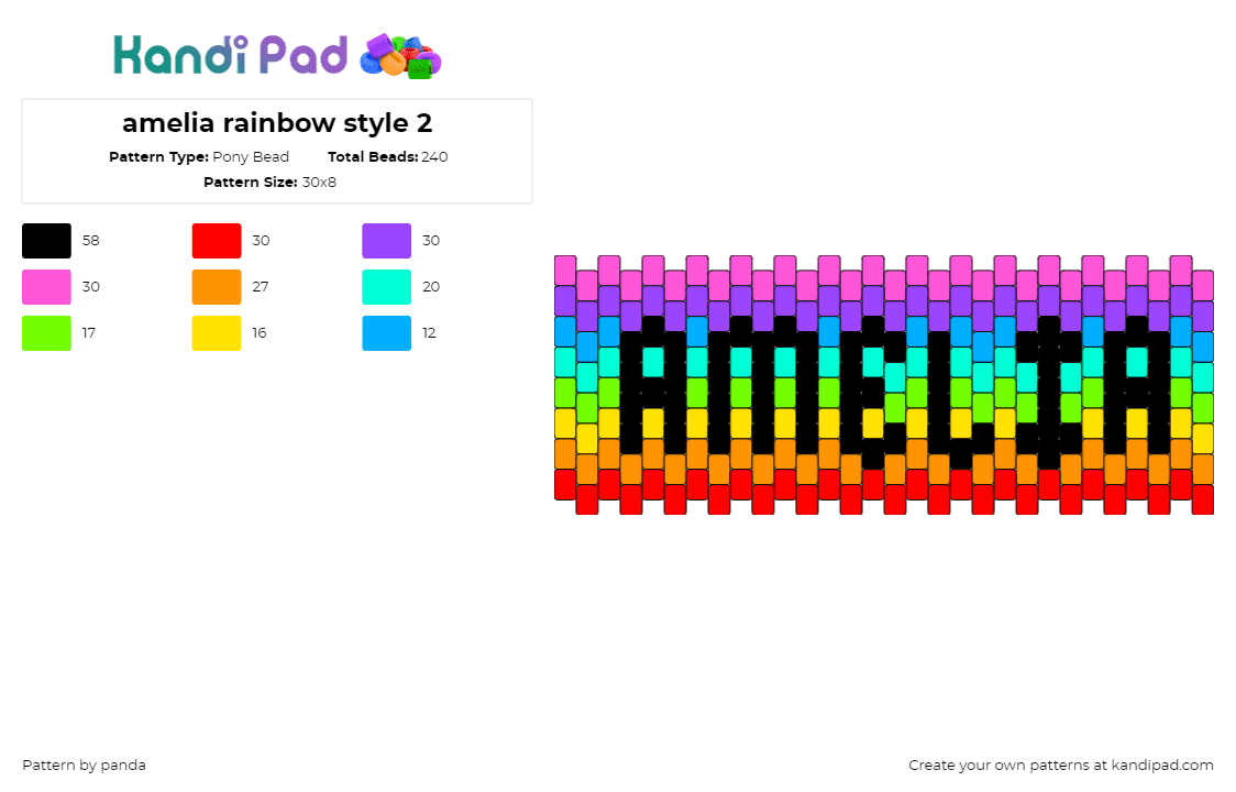 amelia rainbow style 2 - Pony Bead Pattern by panda on Kandi Pad - amelia,name,stripes,rainbow,text,colorful,cuff,black,pink,red