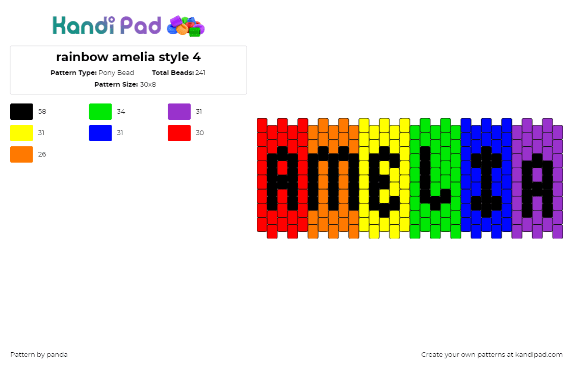 rainbow amelia style 4 - Pony Bead Pattern by panda on Kandi Pad - amelia,name,stripes,rainbow,text,colorful,cuff,yellow,green,red,purple