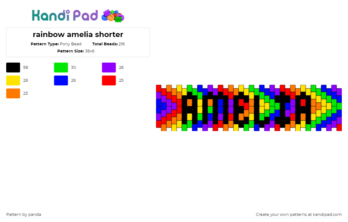 rainbow amelia shorter - Pony Bead Pattern by panda on Kandi Pad - amelia,name,chevron,arrows,rainbow,text,cuff,black,green,purple