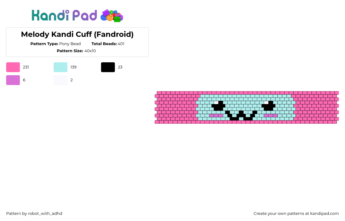 Melody Kandi Cuff (Fandroid) - Pony Bead Pattern by robot_with_adhd on Kandi Pad - melody,fandroid,youtube,music,robot,cuff,pink,light blue