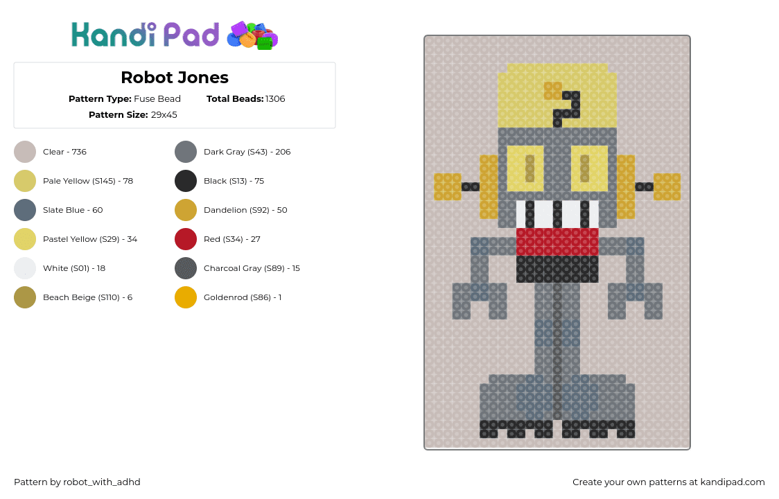 Robot Jones - Fuse Bead Pattern by robot_with_adhd on Kandi Pad - robot jones,robot,character,tv show,cartoon,gray,yellow