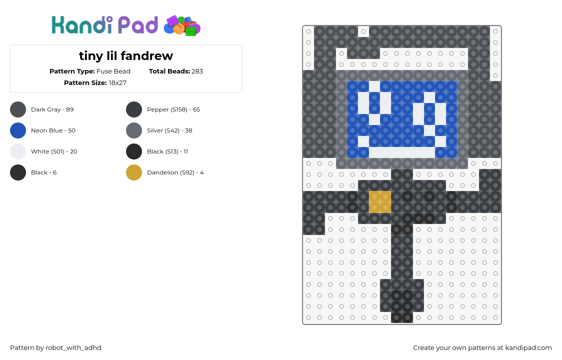 tiny lil fandrew - Fuse Bead Pattern by robot_with_adhd on Kandi Pad - fandrew,robot,music,youtube,character,gray,blue