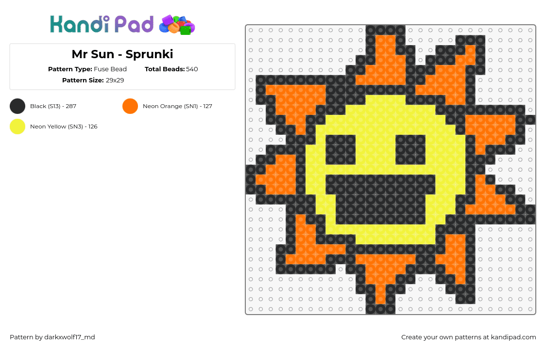 Mr Sun - Sprunki - Fuse Bead Pattern by darkxwolf17_md on Kandi Pad - mr sun,sprunki,incredibox,character,video game,happy,orange,yellow