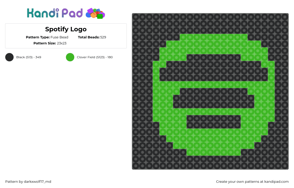 Spotify Logo - Fuse Bead Pattern by darkxwolf17_md on Kandi Pad - spotify,logo,music,streaming,green,black