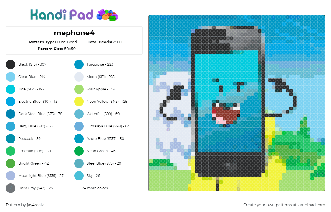 mephone4 - Fuse Bead Pattern by jay4realz on Kandi Pad - mephone4,cell phone,bfdi,battle for dream island,character,animation,tv show,blue,teal,black,green