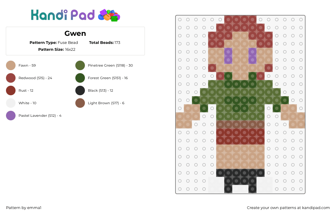 Gwen - Fuse Bead Pattern by emma1 on Kandi Pad - gwen,camp camp,character,chibi,cartoon,tv show,tan,green,red