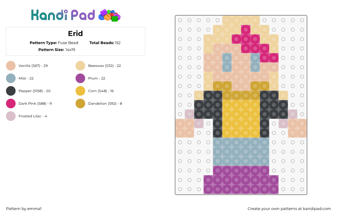 Erid - Fuse Bead Pattern by emma1 on Kandi Pad - erid,camp camp,character,tv show,yellow,beige,pink