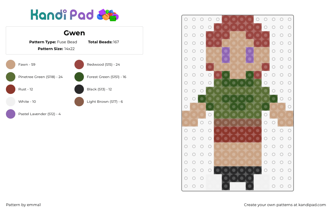 Gwen - Fuse Bead Pattern by emma1 on Kandi Pad - gwen,camp camp,character,chibi,cartoon,tv show,tan,green,red