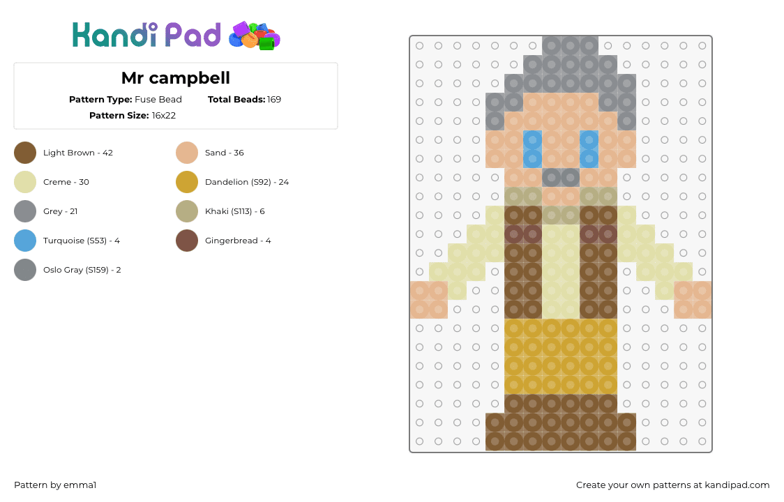 Mr campbell - Fuse Bead Pattern by emma1 on Kandi Pad - mr campbell,camp camp,character,chibi,cartoon,tv show,tan,yellow,beige