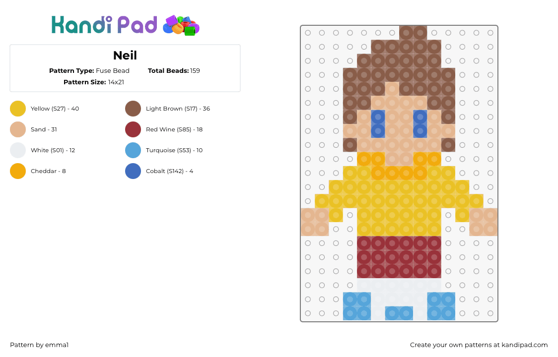 Neil - Fuse Bead Pattern by emma1 on Kandi Pad - neil,camp camp,character,chibi,cartoon,tv show,tan,yellow,red