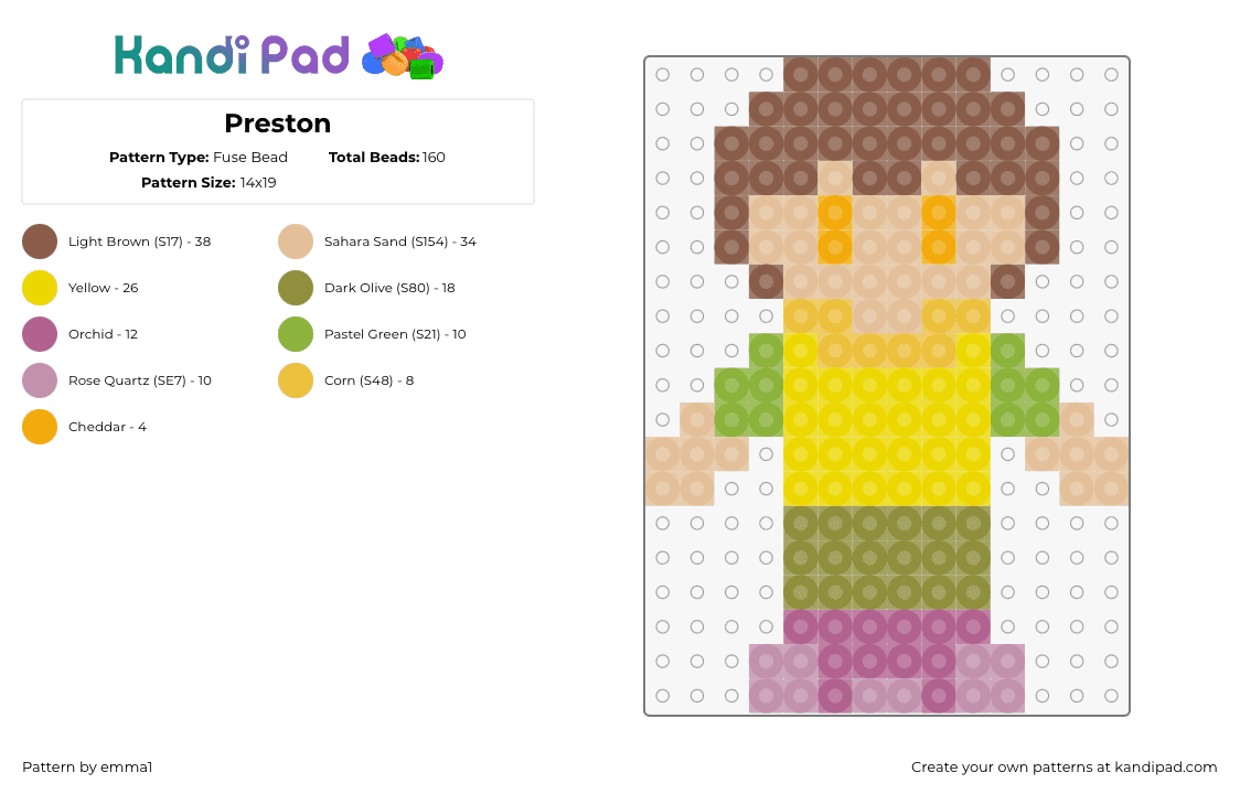 Preston - Fuse Bead Pattern by emma1 on Kandi Pad - preston,camp camp,character,tv show,yellow,green,tan