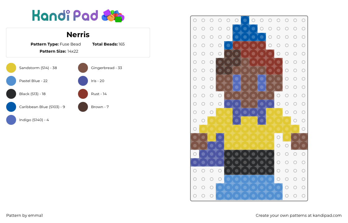 Nerris - Fuse Bead Pattern by emma1 on Kandi Pad - nerris,camp camp,cape,character,cartoon,tv show,brown,yellow,blue