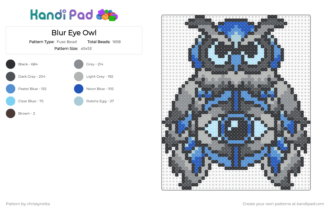 Blur Eye Owl - Fuse Bead Pattern by chrissynetta on Kandi Pad - light blue,gray,beige