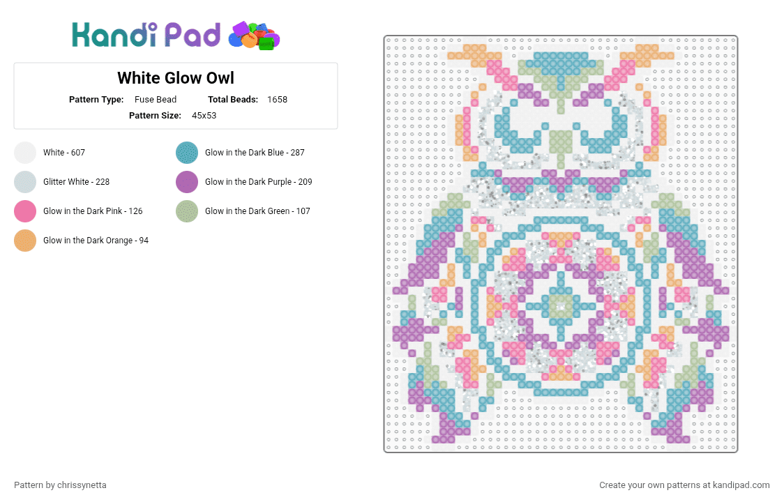 White Glow Owl - Fuse Bead Pattern by chrissynetta on Kandi Pad - white,light blue,pink