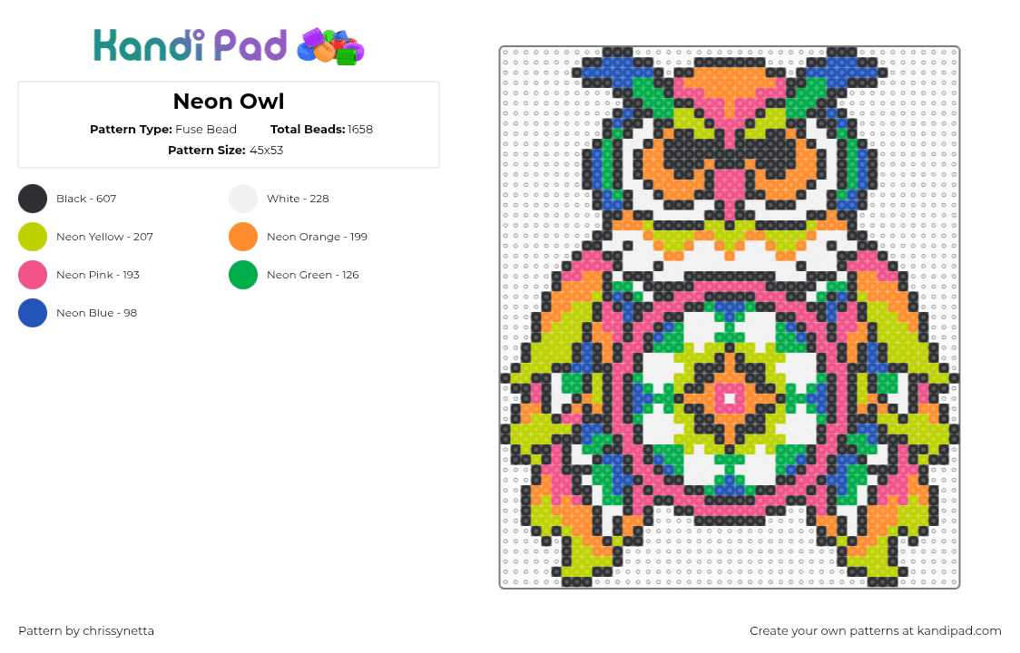 Neon Owl - Fuse Bead Pattern by chrissynetta on Kandi Pad - owl,edc,orange,green