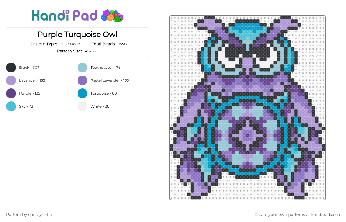 Purple Turquoise Owl - Fuse Bead Pattern by chrissynetta on Kandi Pad - owl,edc,light blue