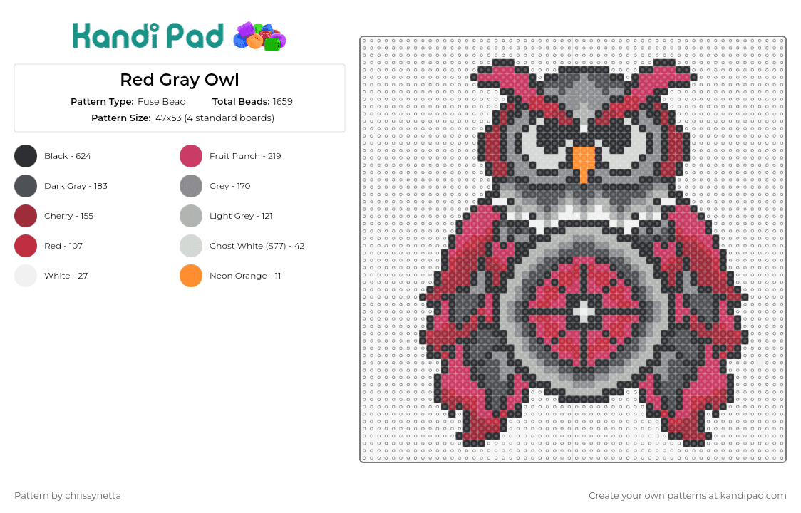 Red Gray Owl - Fuse Bead Pattern by chrissynetta on Kandi Pad - owl,edc,festival,bird,colorful,music,animal,red,gray