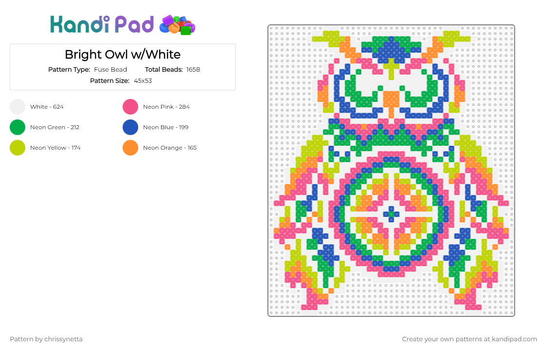 Bright Owl w/White - Fuse Bead Pattern by chrissynetta on Kandi Pad - neon,green,pink