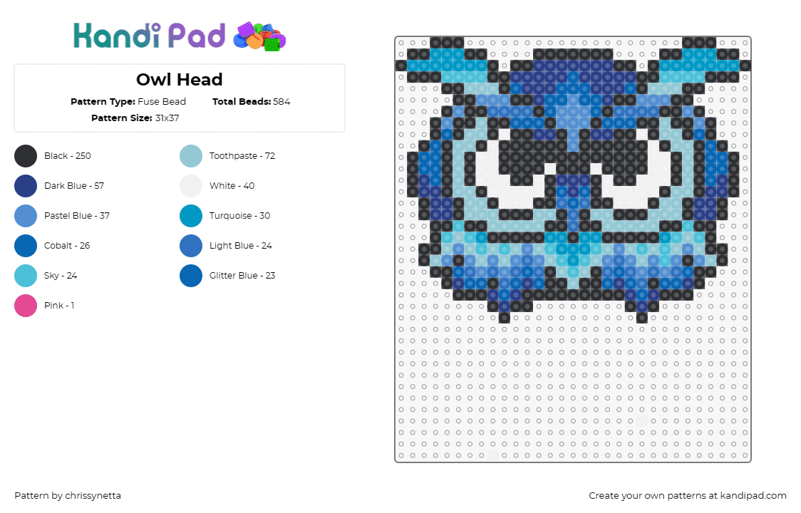 Owl Head - Fuse Bead Pattern by chrissynetta on Kandi Pad - owl,edc,bird,festival,music,blue