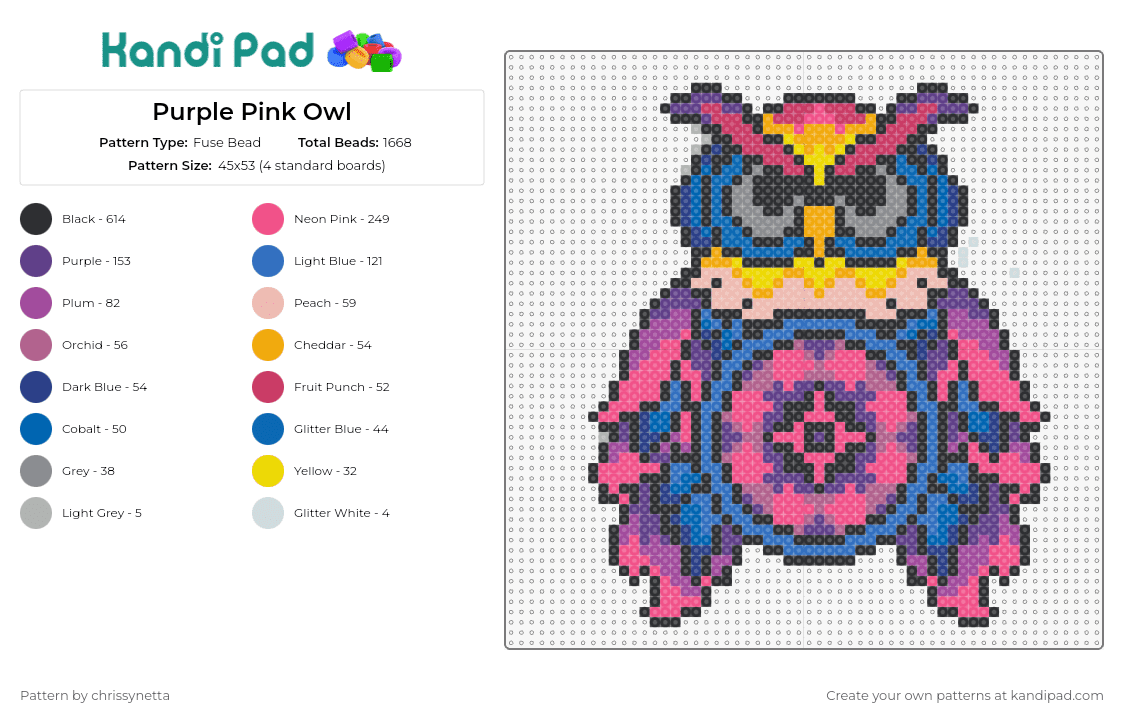 Purple Pink Owl - Fuse Bead Pattern by chrissynetta on Kandi Pad - owl,edc,festival,bird,colorful,music,animal,pink,purple,blue