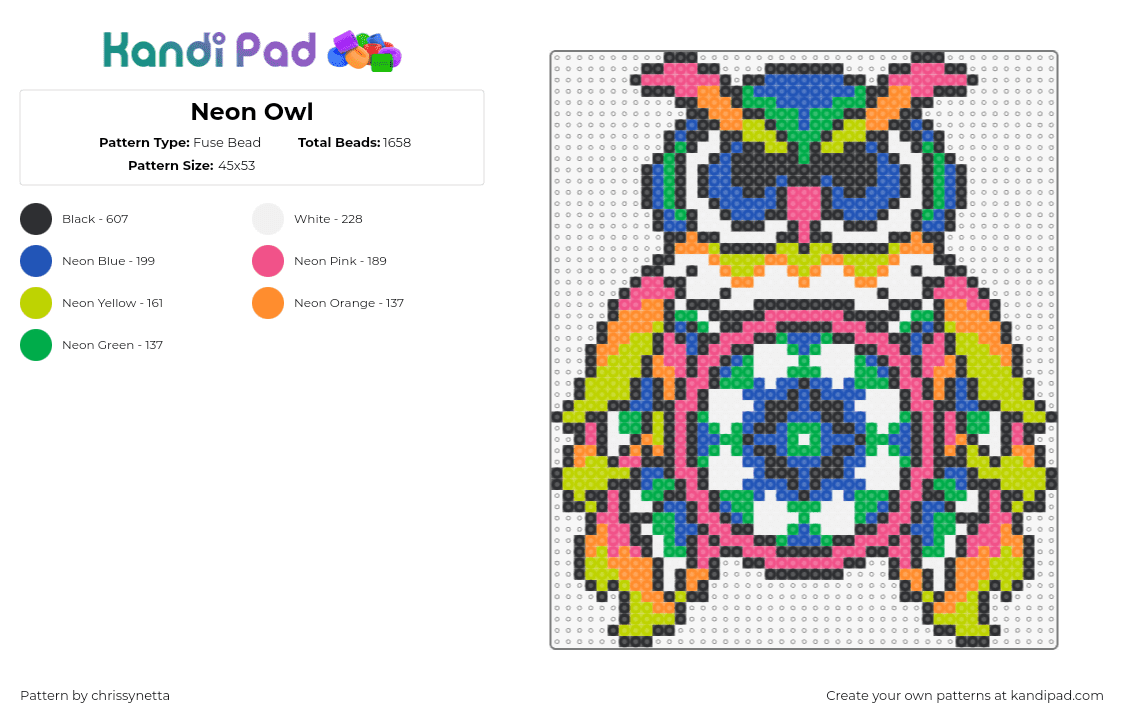 Neon Owl - Fuse Bead Pattern by chrissynetta on Kandi Pad - owl,edc,neon,festival,bird,colorful,music,animal,pink,yellow,blue,green