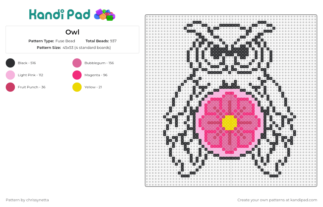 Owl - Fuse Bead Pattern by chrissynetta on Kandi Pad - edc,owl,flower,nocturnal,guardian,nature,striking,pink,yellow,black