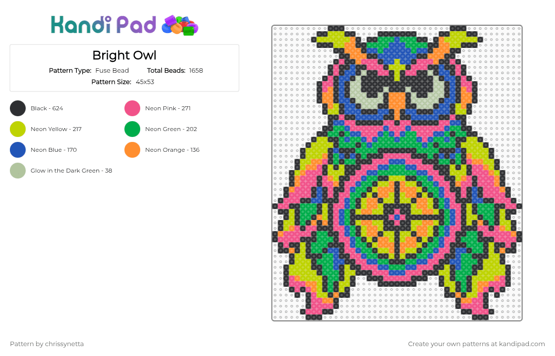 Bright Owl - Fuse Bead Pattern by chrissynetta on Kandi Pad - owl,edc,festival,music,green,pink