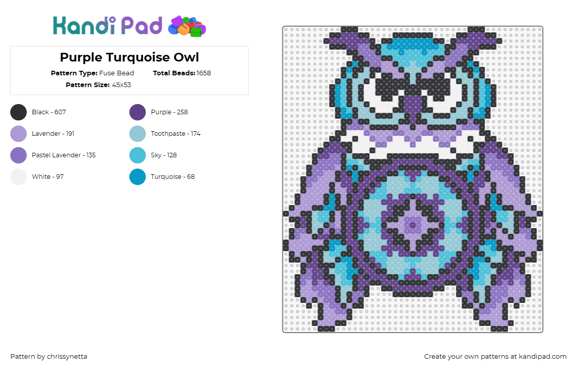 Purple Turquoise Owl - Fuse Bead Pattern by chrissynetta on Kandi Pad - owl,edc,festival,bird,colorful,music,icy,animal,purple,light blue,turquoise