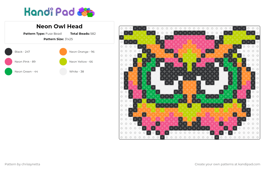 Neon Owl Head - Fuse Bead Pattern by chrissynetta on Kandi Pad - orange,green