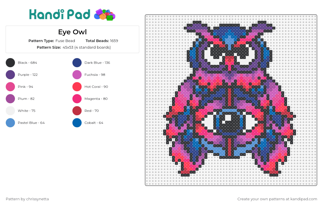 Eye Owl - Fuse Bead Pattern by chrissynetta on Kandi Pad - owl,eye,edc,festival,bird,colorful,music,animal,spooky,pink,blue