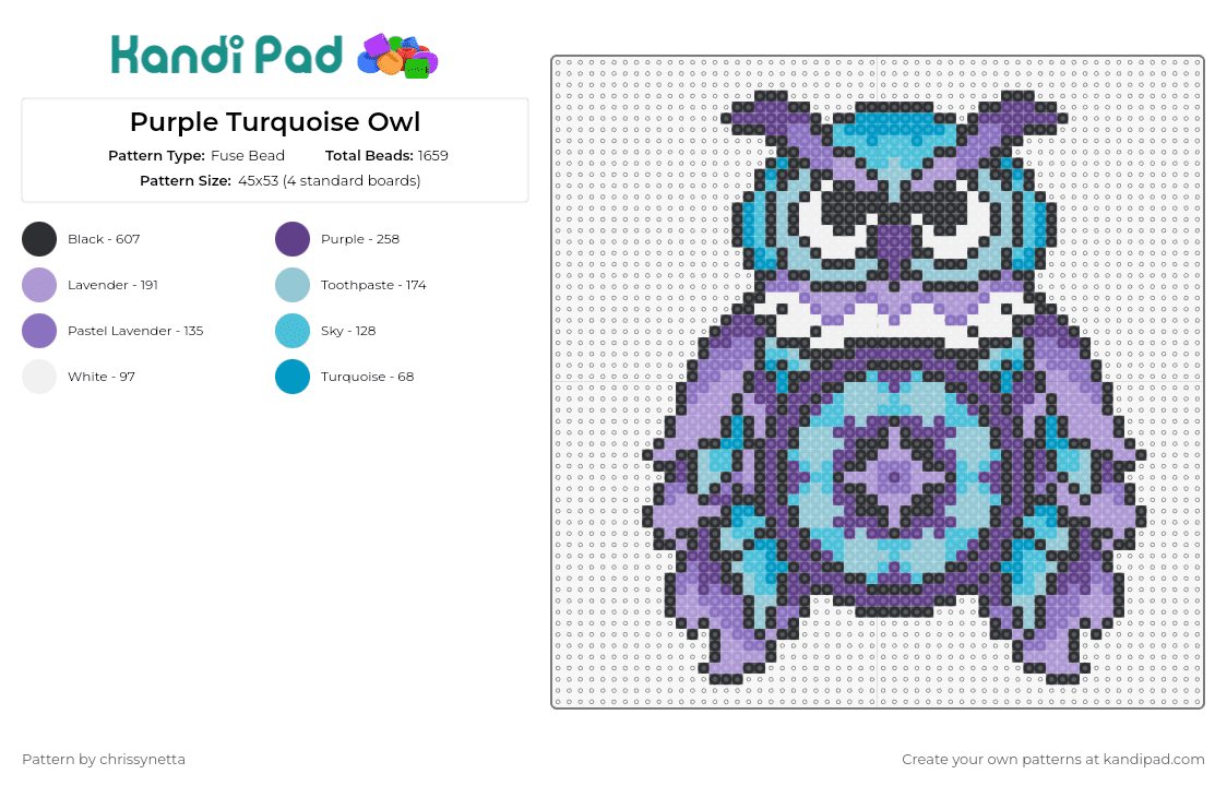 Purple Turquoise Owl - Fuse Bead Pattern by chrissynetta on Kandi Pad - owl,edc,festival,bird,colorful,music,icy,animal,purple,light blue,turquoise