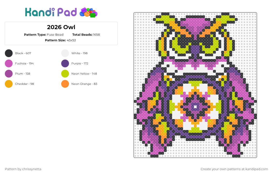 2026 Owl - Fuse Bead Pattern by chrissynetta on Kandi Pad - pink