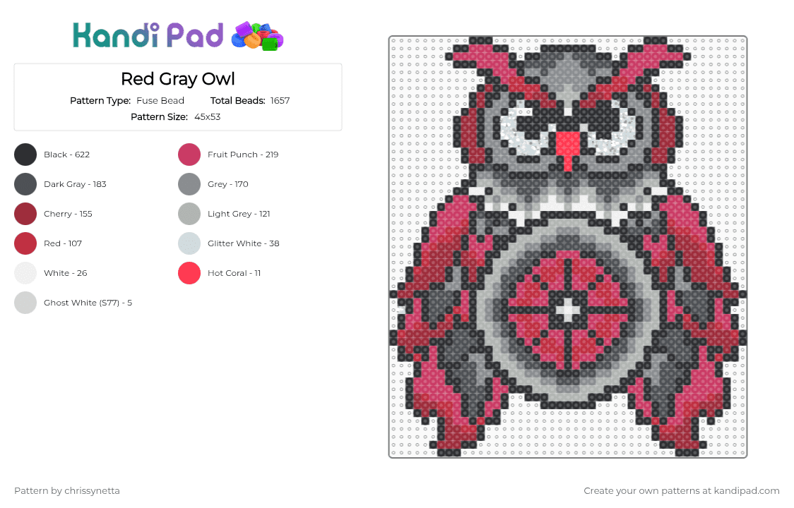 Red Gray Owl - Fuse Bead Pattern by chrissynetta on Kandi Pad - owl,edc,gray,red