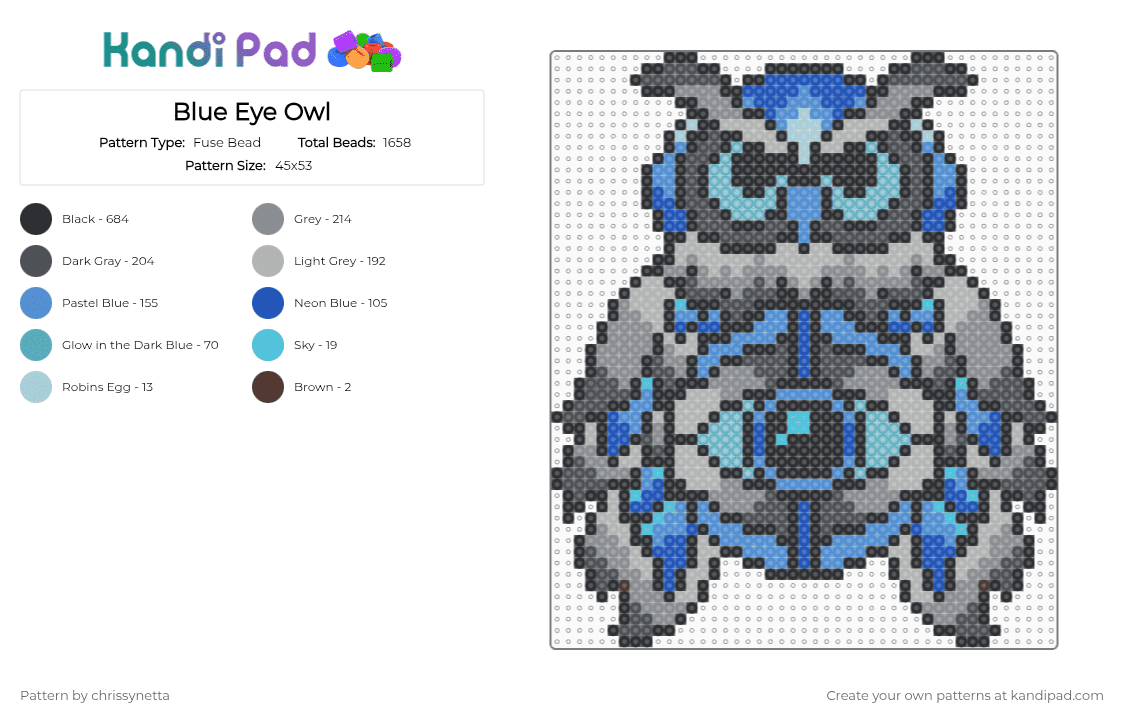 Blue Eye Owl - Fuse Bead Pattern by chrissynetta on Kandi Pad - light blue,gray,beige