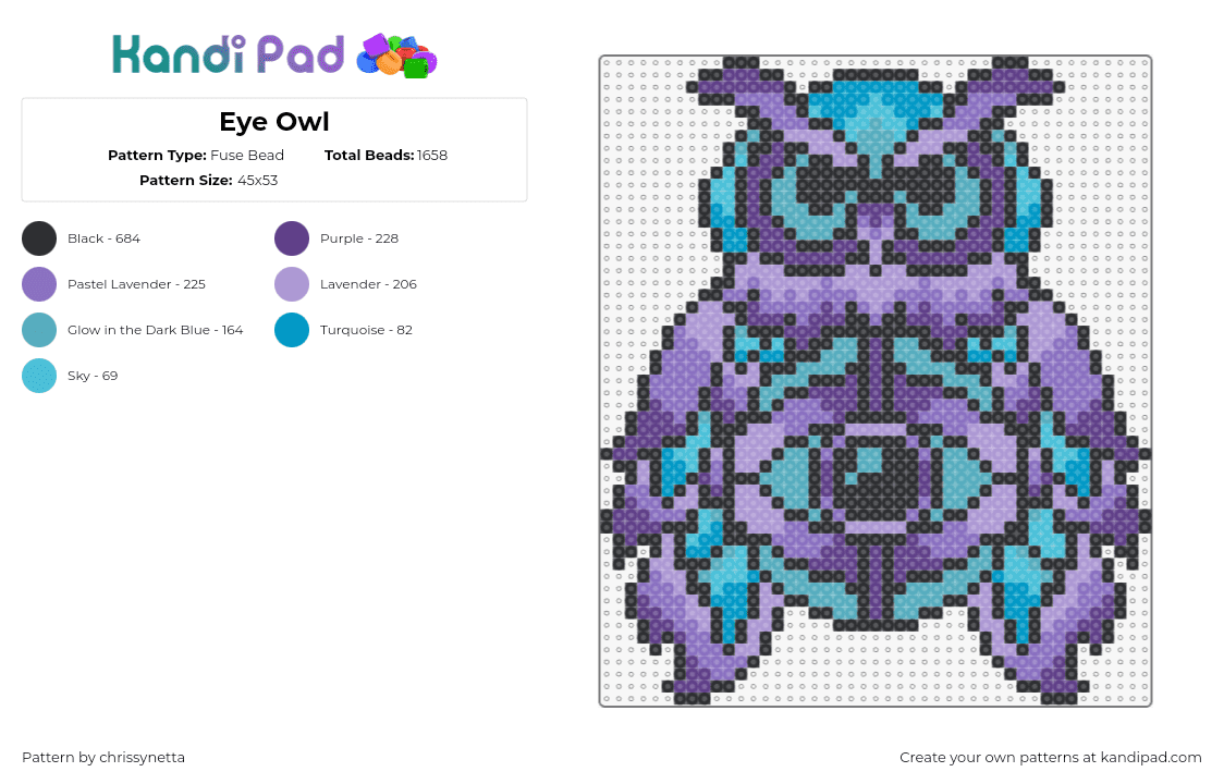 Eye Owl - Fuse Bead Pattern by chrissynetta on Kandi Pad - owl,eye,edc,festival,bird,colorful,music,animal,spooky,pink,blue