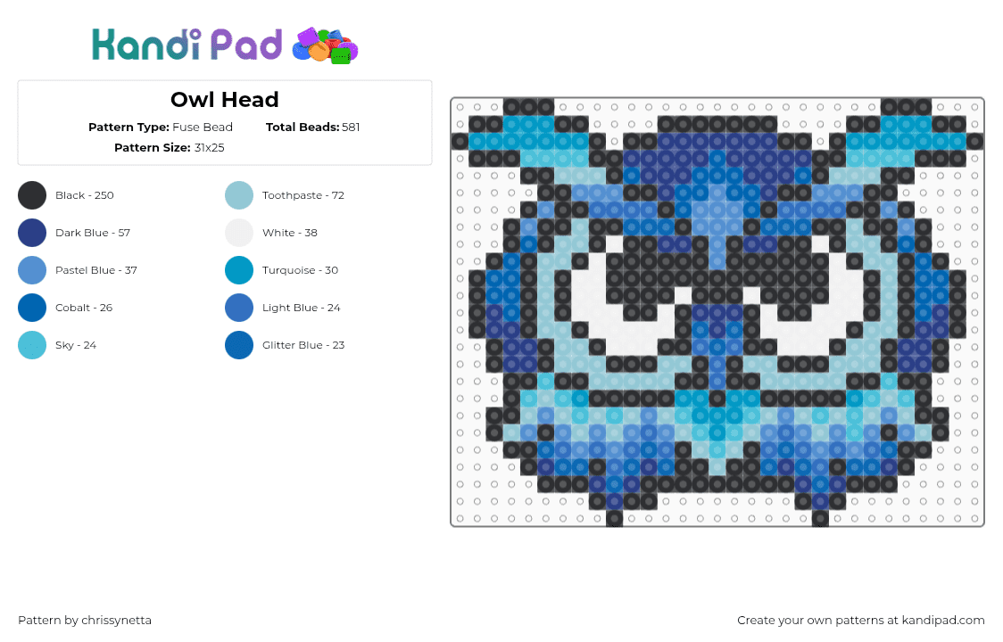 Owl Head - Fuse Bead Pattern by chrissynetta on Kandi Pad - owl,edc,blue,light blue