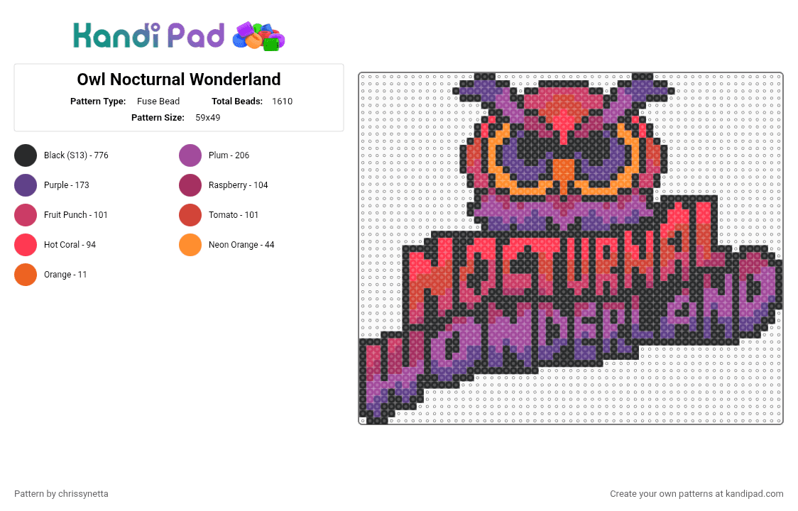 Owl Nocturnal Wonderland - Fuse Bead Pattern by chrissynetta on Kandi Pad - pink