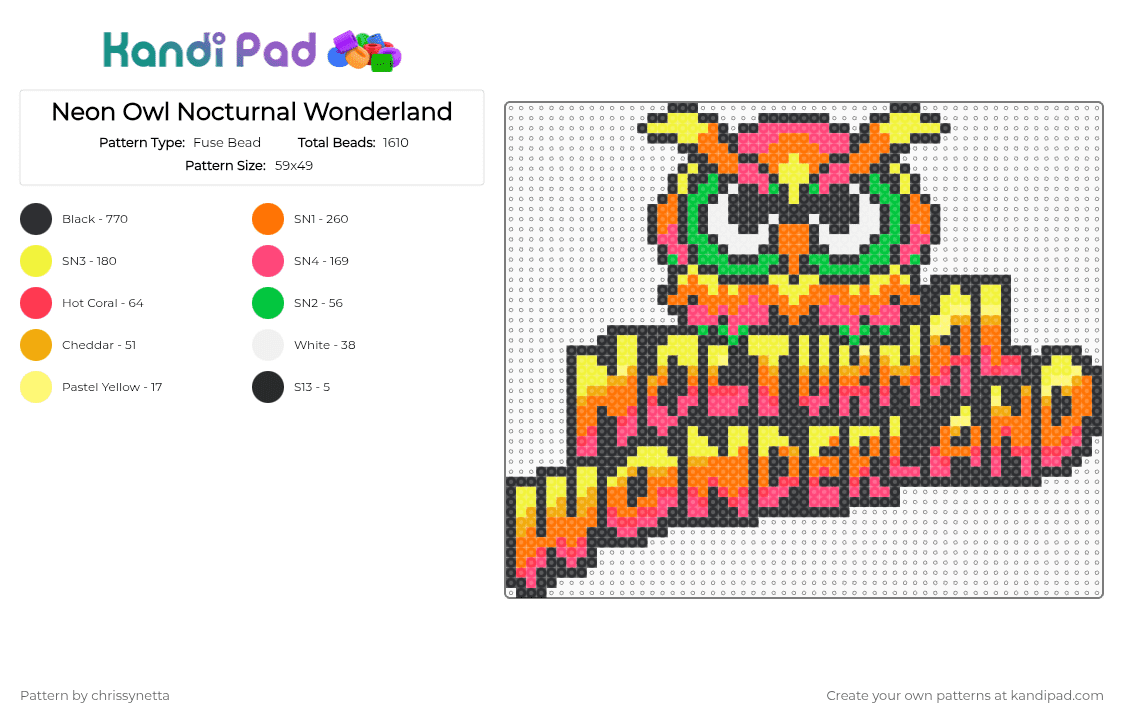 Neon Owl Nocturnal Wonderland - Fuse Bead Pattern by chrissynetta on Kandi Pad - nocturnal wonderland,owl,festival,music,black,red,yellow,orange